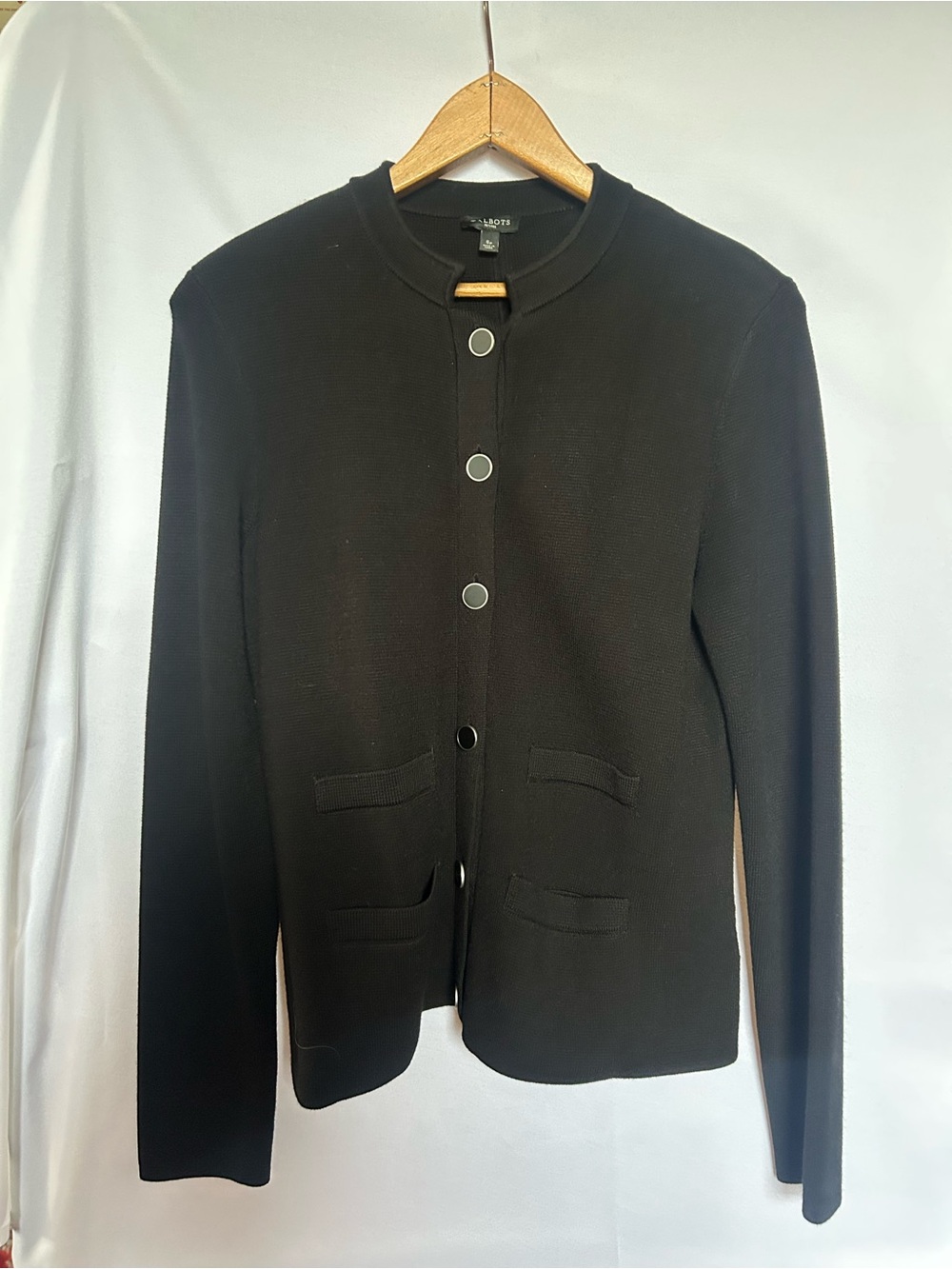 Talbots Black Round-Neck Button Front Knit Jacket